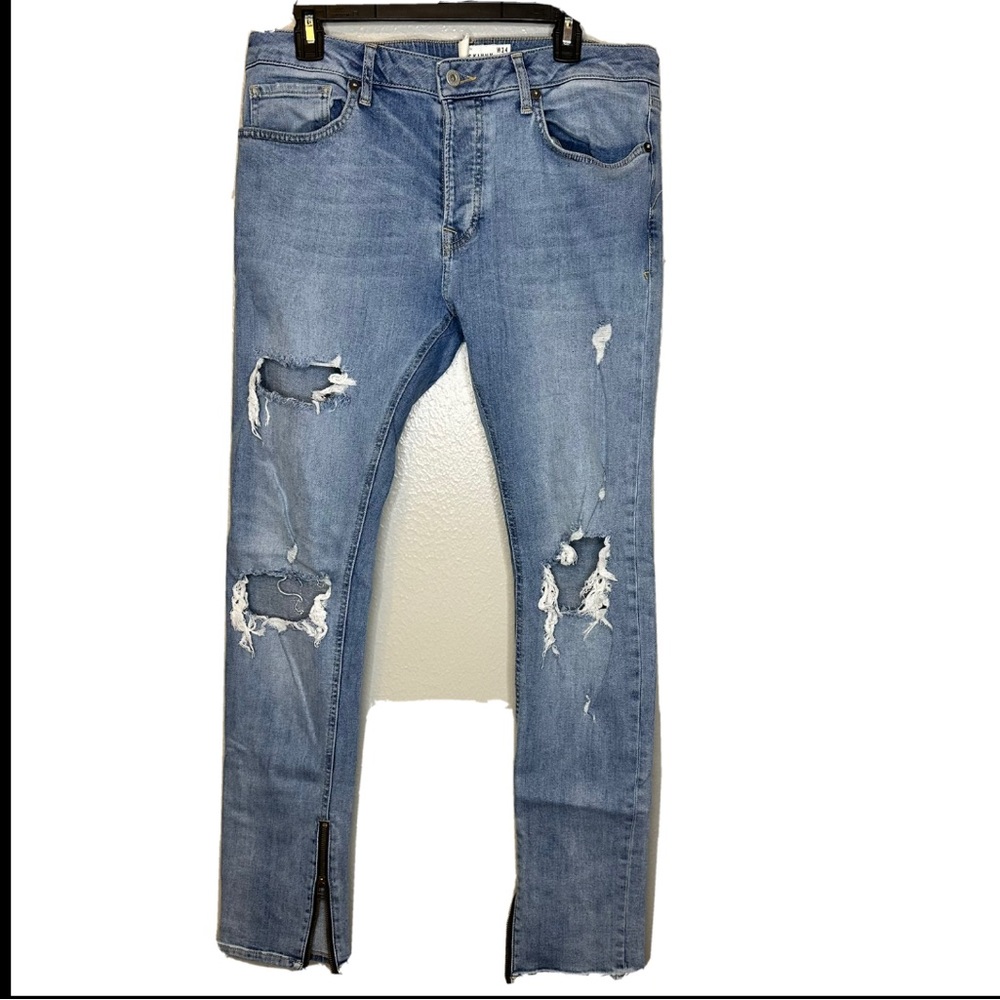 Topman Button Fly stretch skinny distressed men’s light wash skinny jeans 34